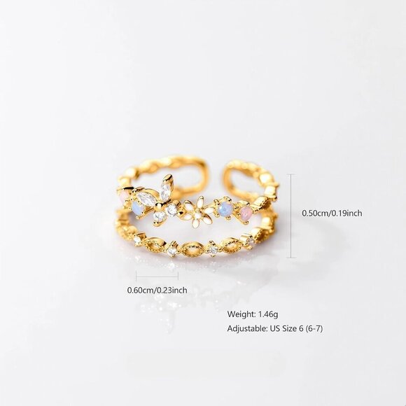 Sterling Silver Butterfly Daisy Ring 14K Gold Plated Colorful Opal CZ Fashion - Picture 4 of 6